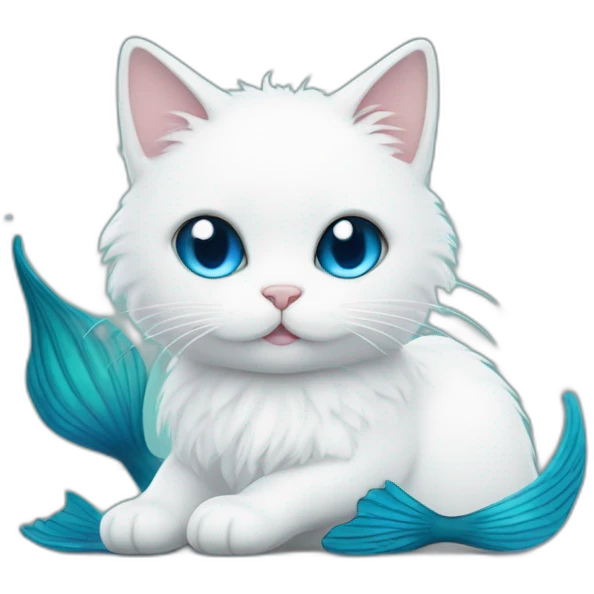 white fluffy cat with big blue mermaid fish tail emoji