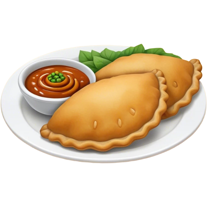 Cinematic Realistic Colombian Cornmeal Empanadas Emoji, showcasing the golden, crispy shell filled with savory meats and spices, served with a side of aji dipping sauce, rendered with vibrant textures and warm, inviting lighting. emoji