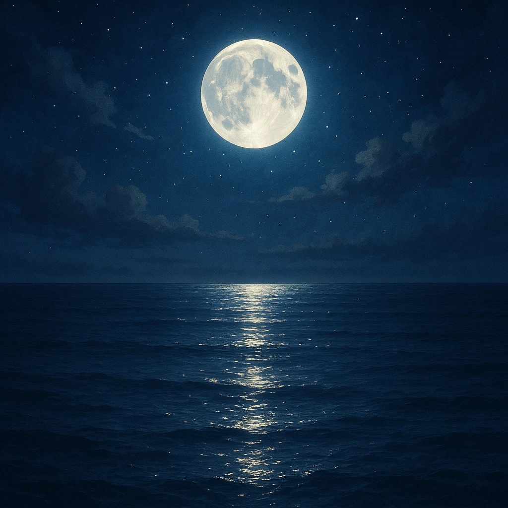 moon reflecting on the sea, style 1, beautiful night scene with moonlight shimmering on calm sea water emoji