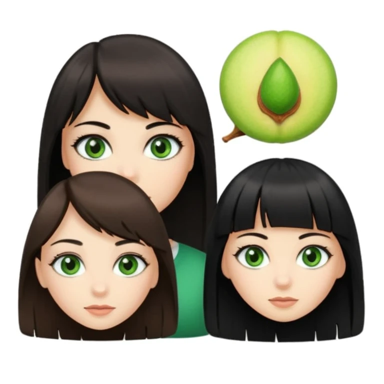 Une fille brune avec tes yeux verts et une peau claire et à côté une fille plus grande avec des cheveux noirs et une frange une pommade des yeux noirs en amande emoji