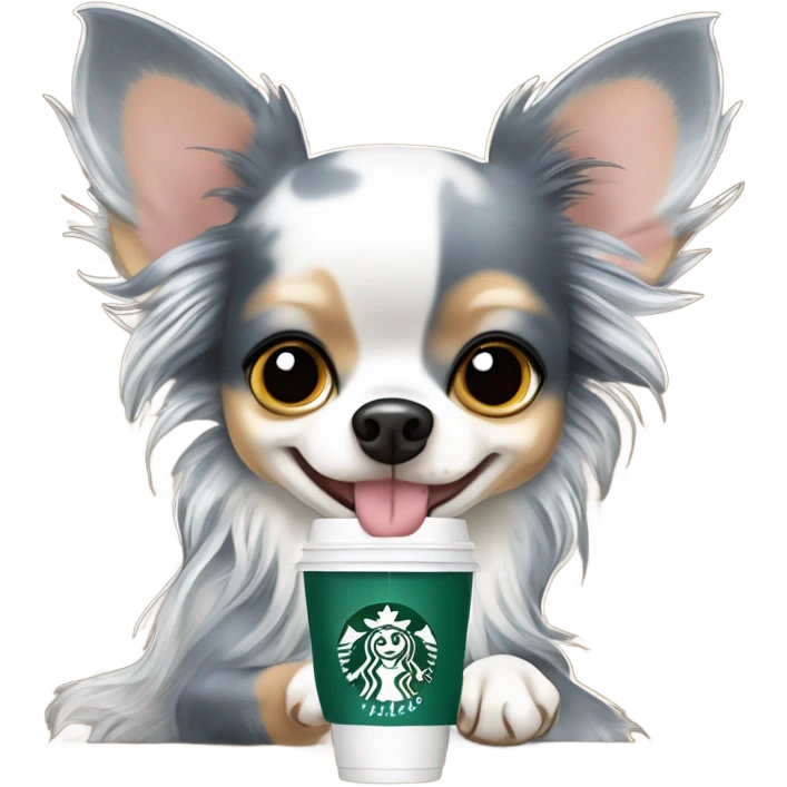 Blue dapple Merle long hair chihuahua drinking Starbucks  emoji