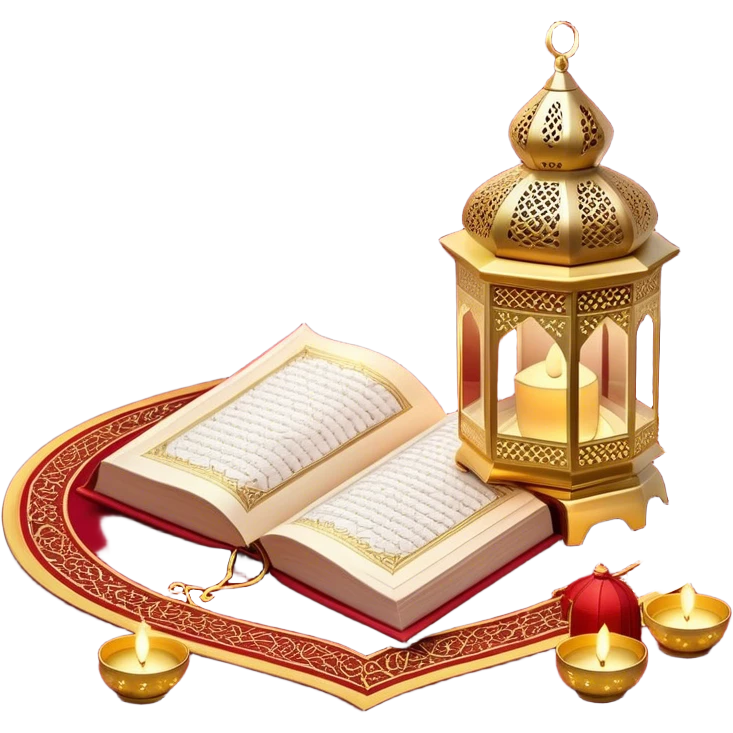 beautifully serene Ramadan-themed setup featuring an open Quran placed on a rich red prayer mat, accompanied by a glowing ornate lantern. String lights with hanging lanterns and stars illuminate the background, creating a peaceful and spiritual ambiance. emoji