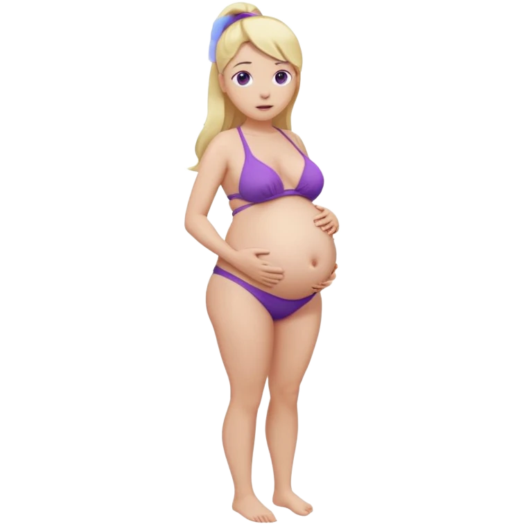 White girl, long blonde ponytail, purple eyes, huge pregnant belly, full body, white bikini, nervous expression, front view. emoji
