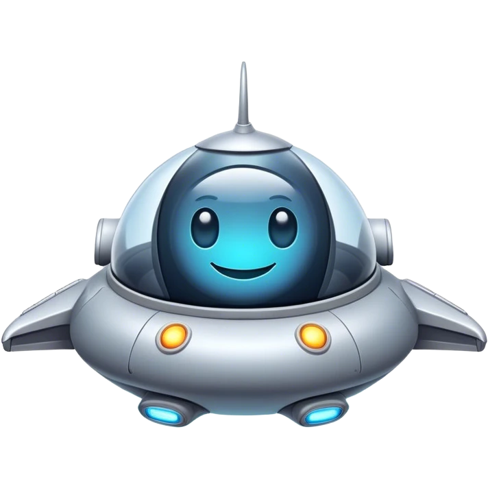 Design a simple, friendly spaceship with a smooth, rounded shape. Add a clear 'face' on the front using glowing lights for eyes and a curved line for a smile, giving it personality. Use a plain background to keep the focus on the ship. emoji