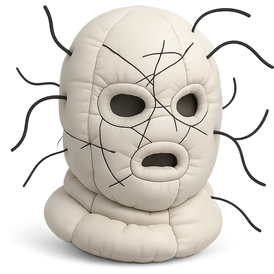 The mask is a full-head, white knitted balaclava with a tight ribbed texture. It features two asymmetrical eye openings and a partially exposed mouth area. Black thread is stitched across the surface in chaotic, abstract lines that trace facial features, giving a hand-drawn effect. Several black cords extend outward from the mask, varying in length and direction, adding a sculptural, almost organic appearance. The overall look is bold, handcrafted, and visually striking. emoji