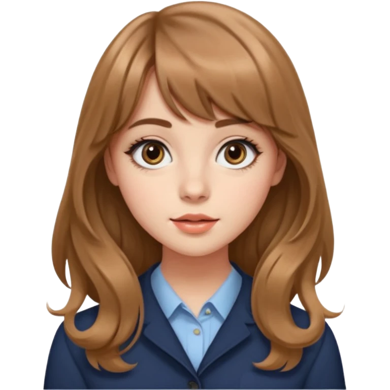 24세 광고홍보전공하는 대학생 여자, 앞머리가 있는 회갈색의 긴 웨이브 머리, 같은 회갈색 컬러의 눈썹,  큰 눈에 아이라인이 그려져있고 동그란 코에 적당한 입술 두깨, 시크한 표정 emoji