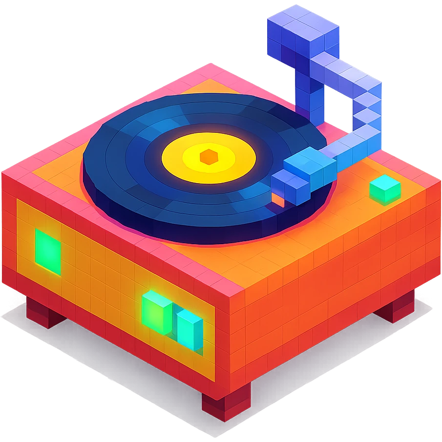 record player with spinning vinyl, glowing details, and a retro aesthetic emoji
