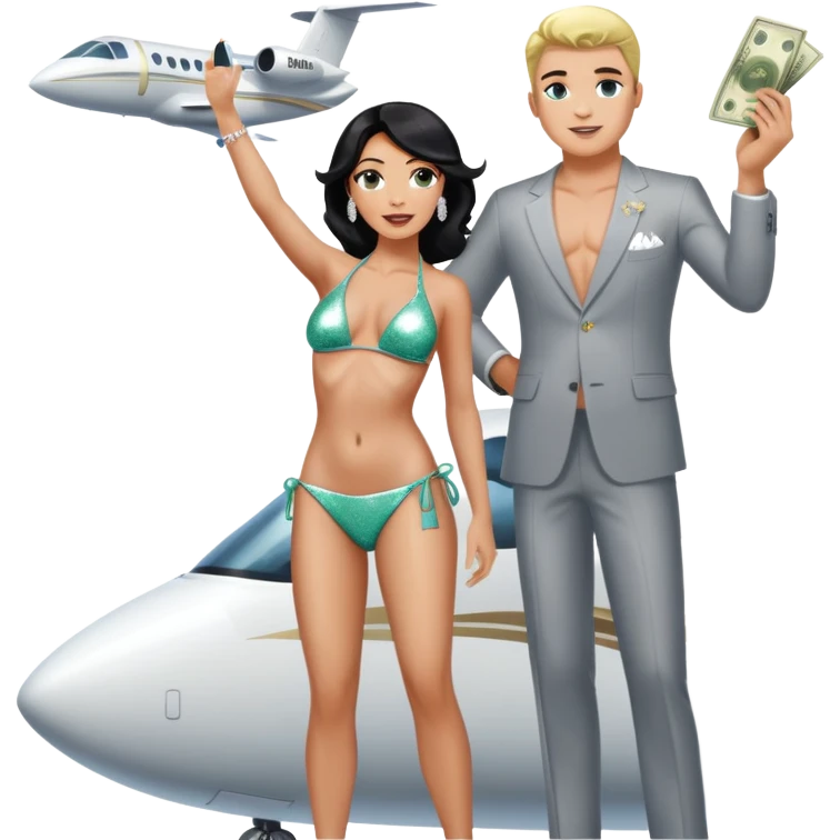 tefi valenzuela wearing diamond sparkle bikini and josh king madrid standing on private plane throwing money at her emoji