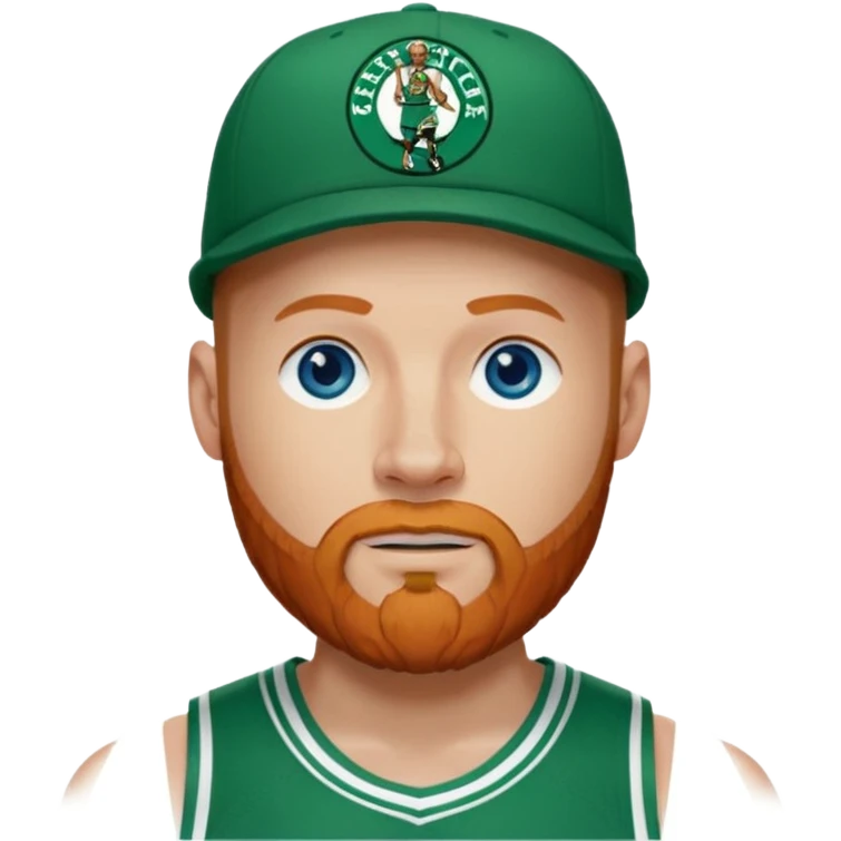 Bald white man with ginger beard, blue eyes in Tatum Boston Celtics basketball jersey. Show front of basketball Jersey and Boston Celtics basketball logo on cap emoji