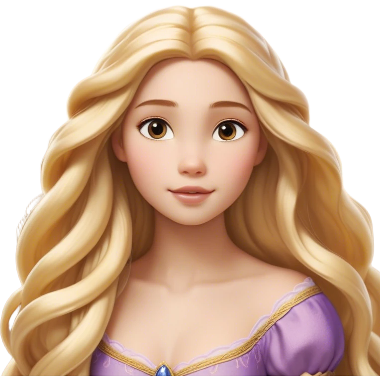 Cinematic Realistic Rapunzel Portrait, with porcelain-like skin featuring a subtle, natural glow, illuminated by soft lighting that brings out the gentle contours of her face. Her long, golden blonde hair cascades in detailed waves, each strand highlighted with a radiant shimmer as it catches the light. Her bright, expressive green eyes exude curiosity and warmth, framed by delicate lashes and soft, arched brows. Her expression is playful and vibrant, with a gentle smile. She is dressed in her classic lavender and pink gown, the fabric textured with delicate folds that flow naturally, catching the light with a soft, radiant glow. The portrait captures a luminous, enchanting aura, seamlessly blending realism with a whimsical, fairytale charm, evoking a timeless sense of beauty and magic. emoji