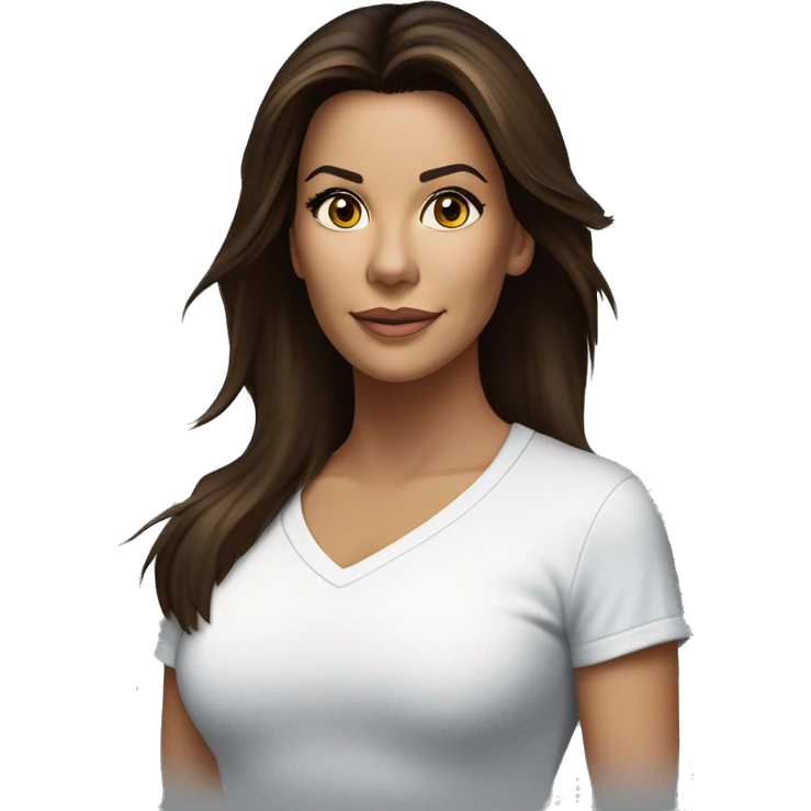 3/4 face, contrasted, shadow, light, Eva Longoria expression, standing from a distance, thin nose, brunette woman, hazel eyes, long eyelashes, dark shoulder shaded hair, white t-shirt, jeans, white sneakers emoji