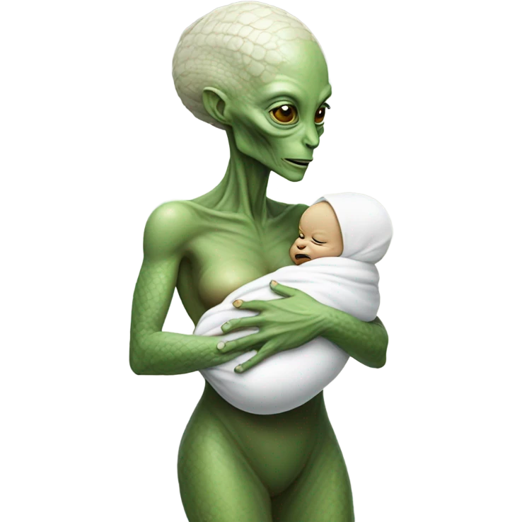  Reptilian alien woman , full body,  holds a newborn white humman baby emoji