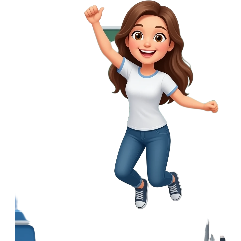 celebrating and jumping ,long straight brown  hair female, thin body 50 years old brown eyes wearing a tshirt  teaching students emoji
