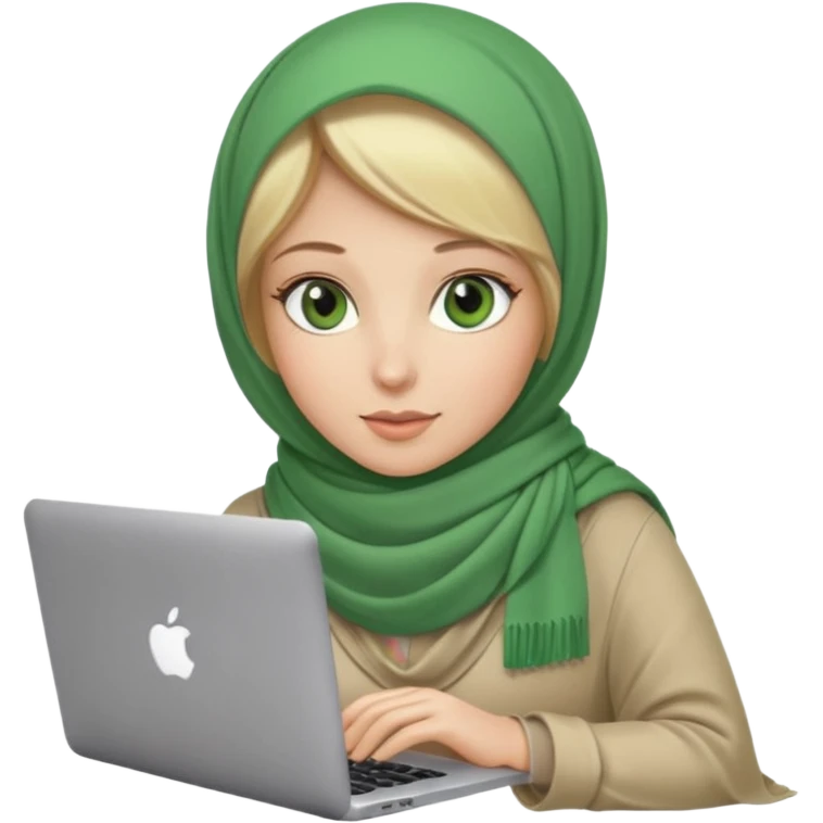 blond women skine , with green eyes , with scarf hijab . with macbook emoji