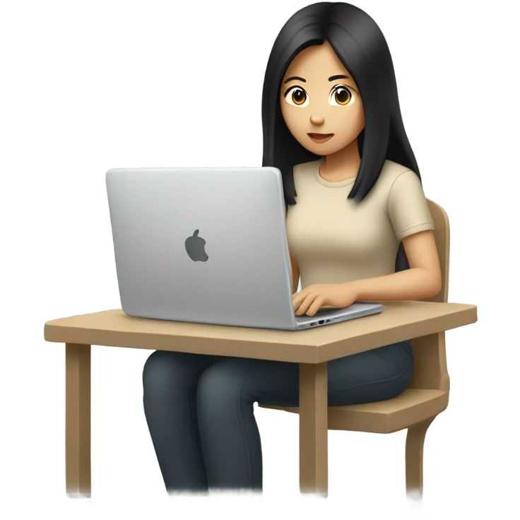 Asian beautiful girl, beige t-shirt, with long black hair, typing on laptop emoji