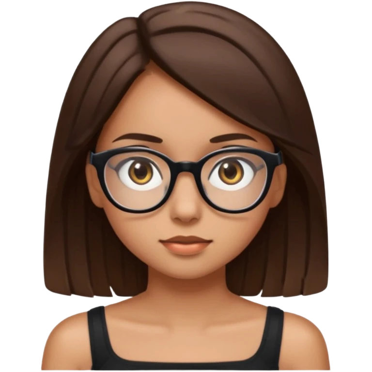 Imagine a girl with slightly light brown skin with big brown eyes and glasses. She has straight brown hair and is wearing a black tube top emoji