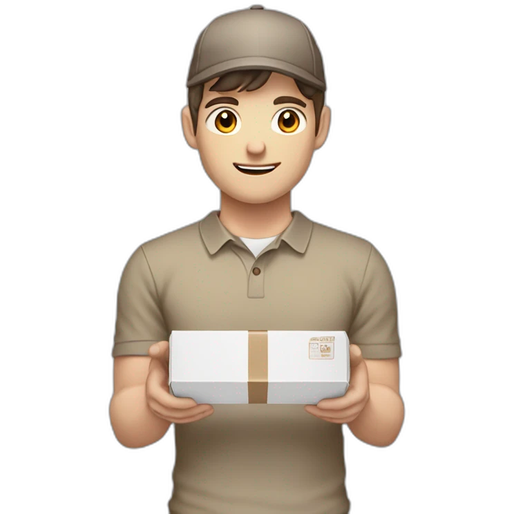 Pale skinned fit Man with dark brown hair in a beige cap, gray jeans and brown polo T-shirt keeping a pasted with tape white box into his hands emoji