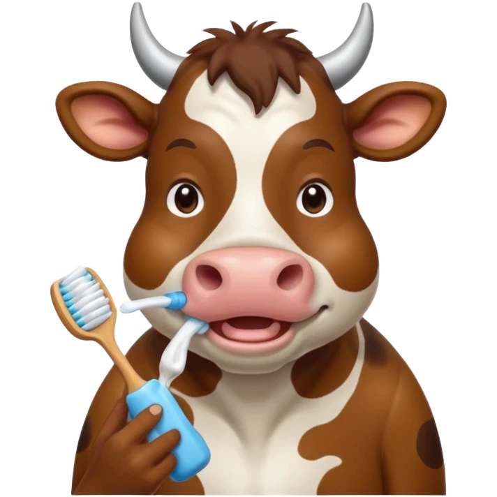 A cow brushing its teeth, looking sleepy and drowsy, portrait, bust up emoji