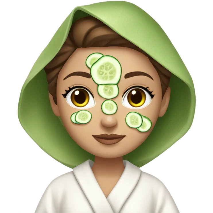 White girl with Brown hair and blue eyes wears a Green colored skincare clay textured mask and puts on cucumbers around her eyes while She relaxes in her white Robe emoji