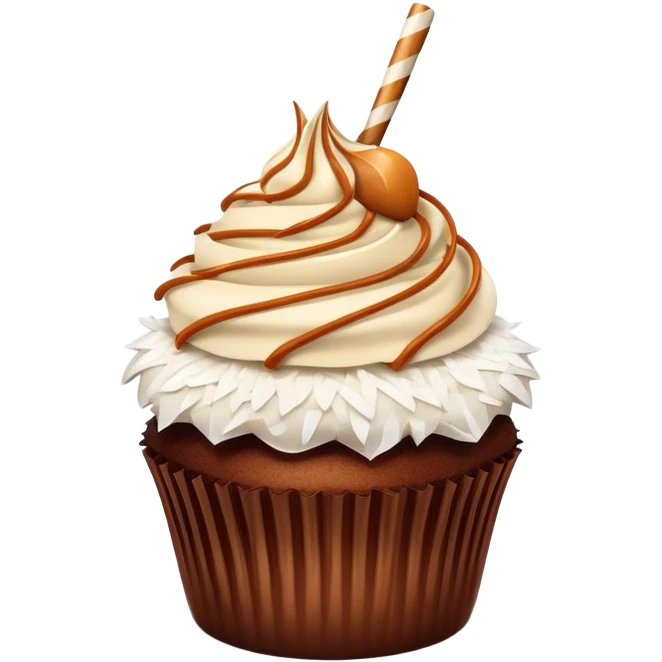 chocolate caramel cupcake with coconut shavings on top   emoji