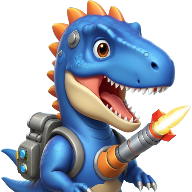 rocket-propelled dinosaur portrait, head and shoulders only, cute T-rex face, rocket pack visible behind shoulders, glowing thrusters, 3D cartoon, mobile game icon style, clean background, no text, no watermark emoji