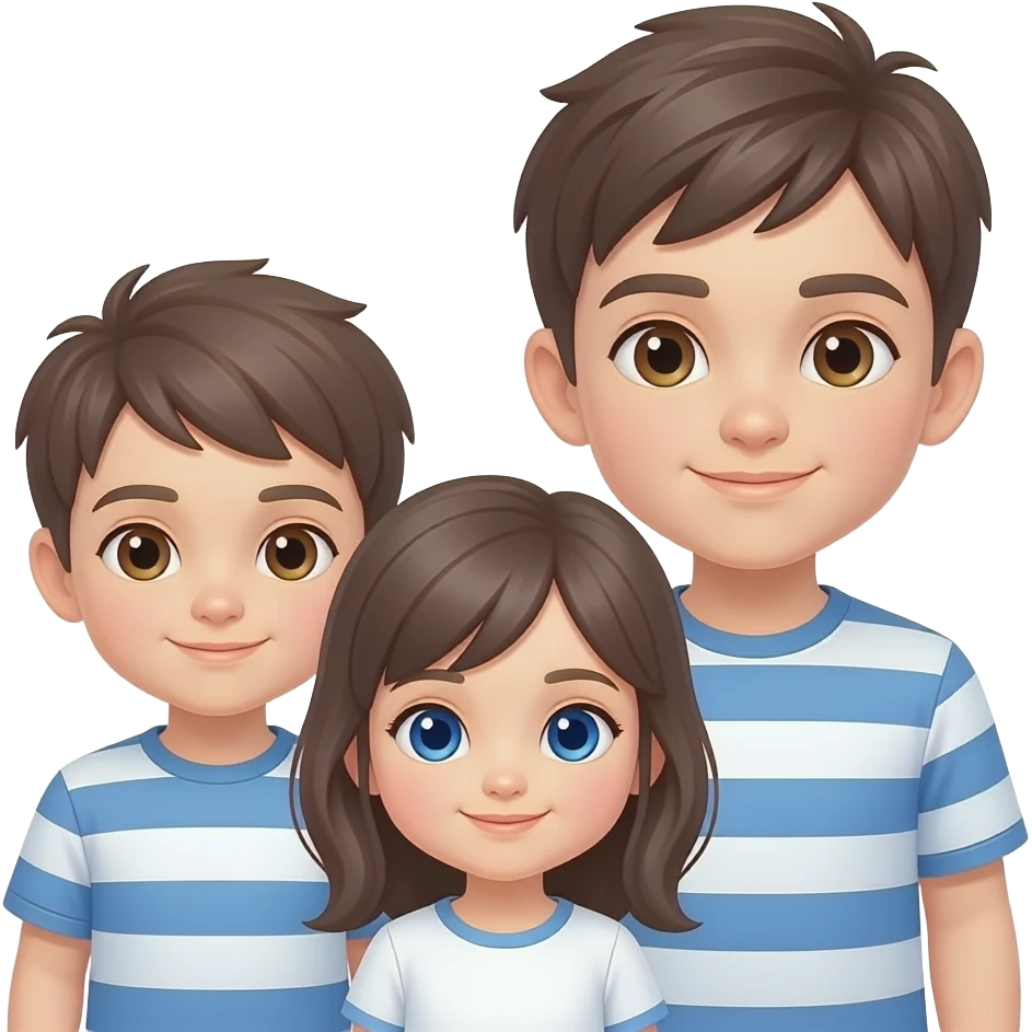 3 enfants, 1 garçon plus agé, 1 garçon moins agé que le premier et 1 fille la plus jeune, les garçons ont les yeux marrons, la fille les yeux bleus emoji