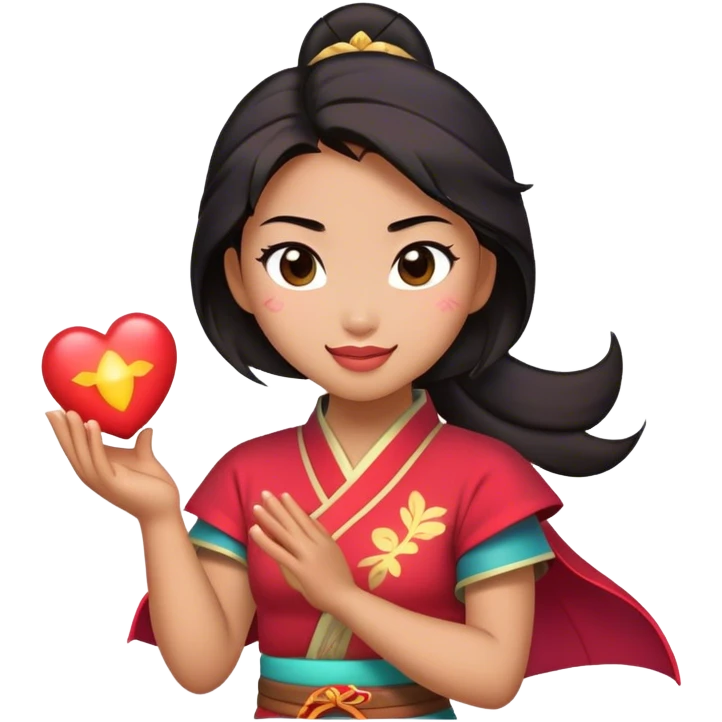Cinematic Adorable Mulan Portrait Emoji, Playfully holding Cri-Kee in her hands, eyes sparkling with mischief, soft rosy cheeks, a warrior with a heart full of charm, radiant in the morning sunlight, glowing with warmth and joy! emoji