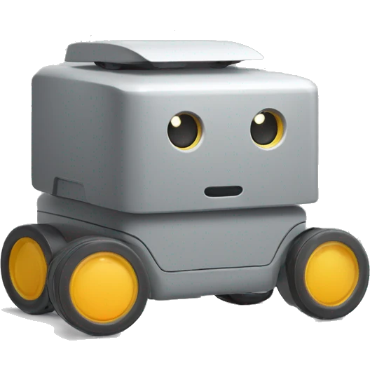 solid horizontal rectangle gray delivery robot with white circle white led eyes and opening lid on 4 wheels, minimalistic design emoji