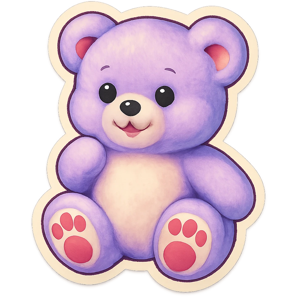 Remove the glitter effect from the purple and white teddy bear's fur, keep it soft and plush, no shadows, flat lighting, no background. emoji