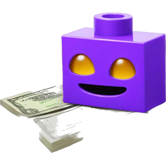 A PURPLE LEGO PIECE IN DE FRONT WITH SOME MONEY BAH BEHIND emoji