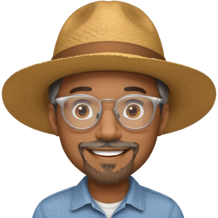 Brown man smiling not showing teeth, wide rimmed hat, clear glasses, gray goatee emoji