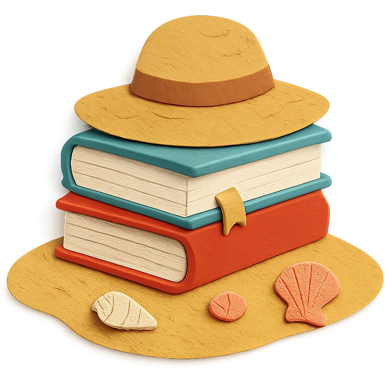 illustration of a stack of books on a sandy beach, with seashells and a sun hat, paper-craft style emoji