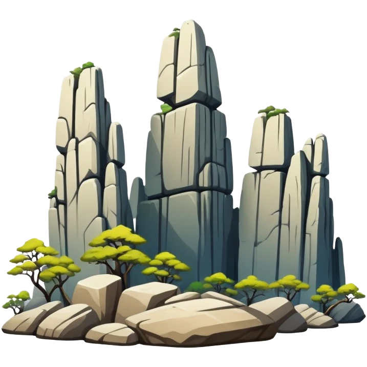 Kunming Stone Forest karst landscape Yunnan, simplified emoji style with bold outlines and bright colors, cartoon style tall rock formations emoji