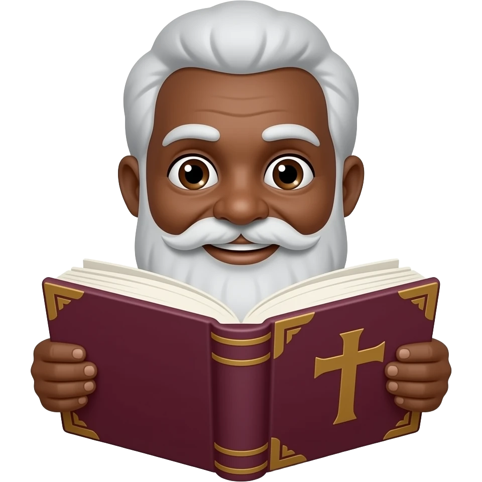 wise old man with grey hair slight smile brown eyes white beard black skin with burgundy book that has a cross on it no circle emoji