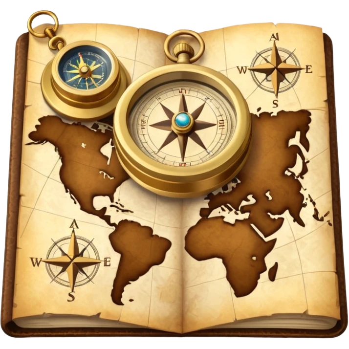 3D Brown golden map with Travel compass pointing to adventure emoji