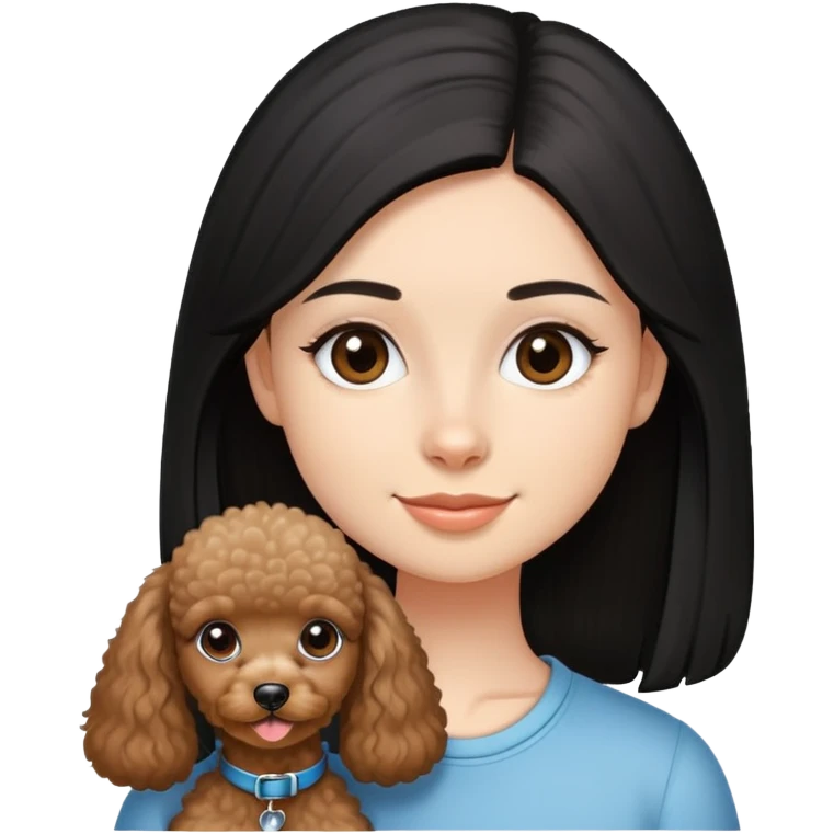 A girl with fair complexion with black long straight hair, dimples and brown eyes and miniature poodle emoji