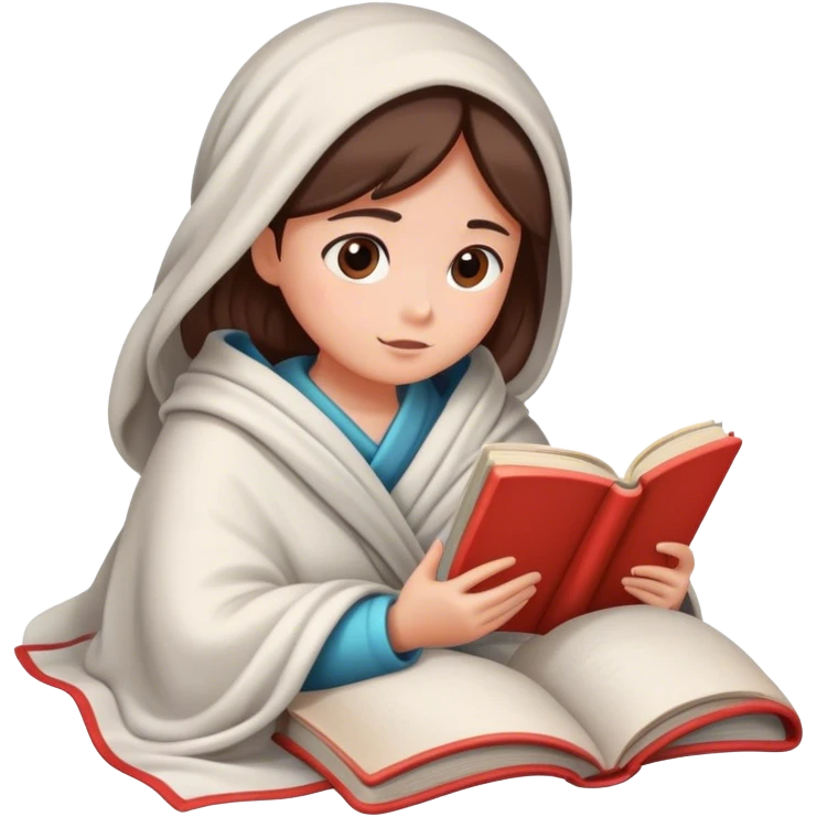 A girl wrapped in a blanket is reading a book. emoji