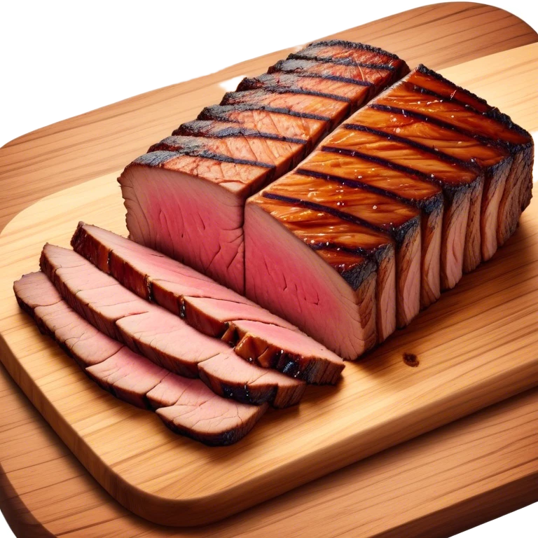 Cinematic smoked brisket, deep mahogany crust, perfectly sliced to reveal juicy marbled meat, warm smoky aroma, served on a wooden board, rich and flavorful, ultra-detailed and appetizing. emoji