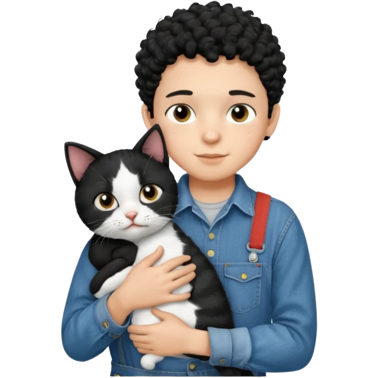 Apple emoji of a 13 year old boy with short black curly hair and dark brown eyes of light skin with denim shirt and overalls hugging a black and white cat emoji