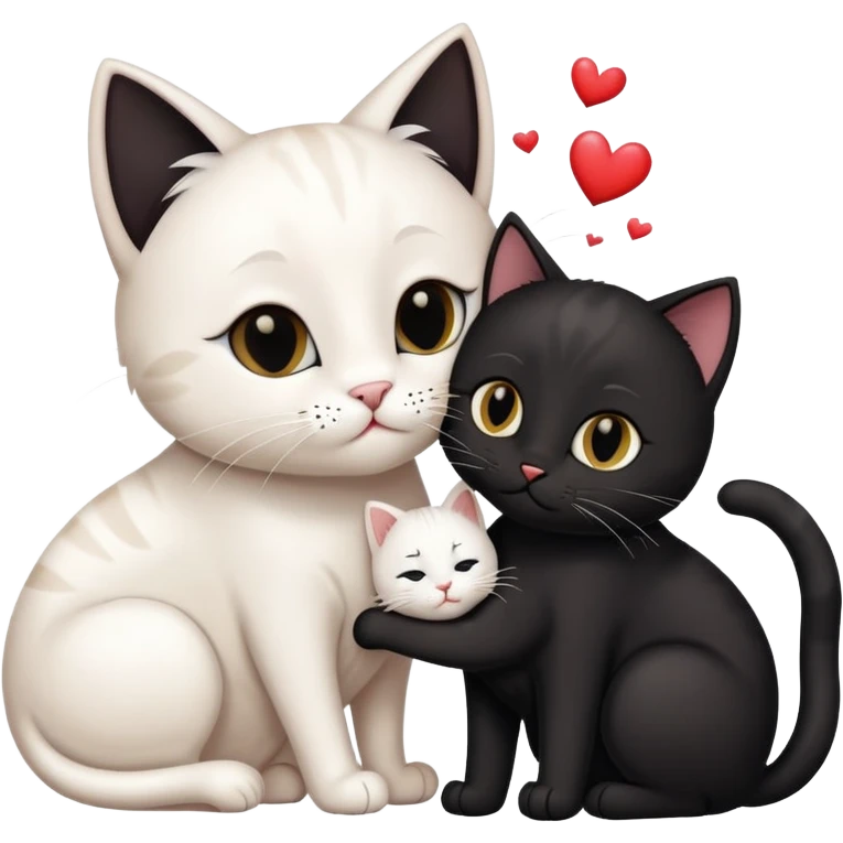 Big black cat is kissing a small white cat with hearts above emoji