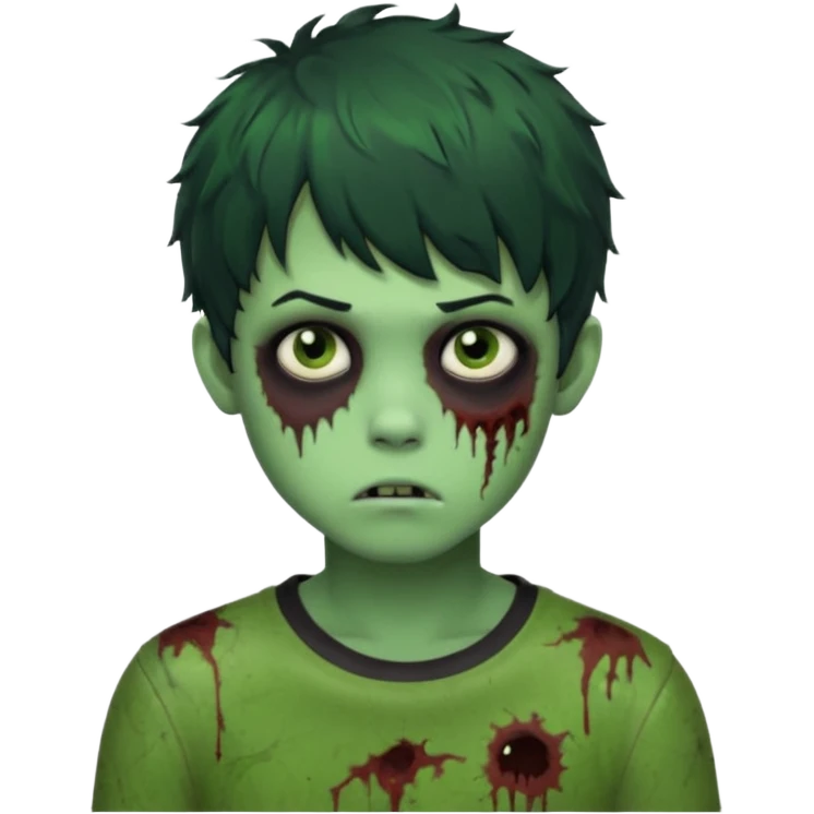 Boy, zombie, green skin, black, short and curly hair with bangs, round shaped hair, emo, ultra dark, bored expression with tired eyes  emoji