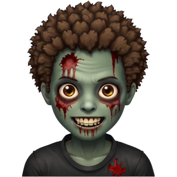 zombie with brown skin, short messy afro hair, wide centered brown eyes, dark bloody marks under the eyes, and a smile showing shiny metal teeth,black shirt, giving a distressed, undead look. emoji