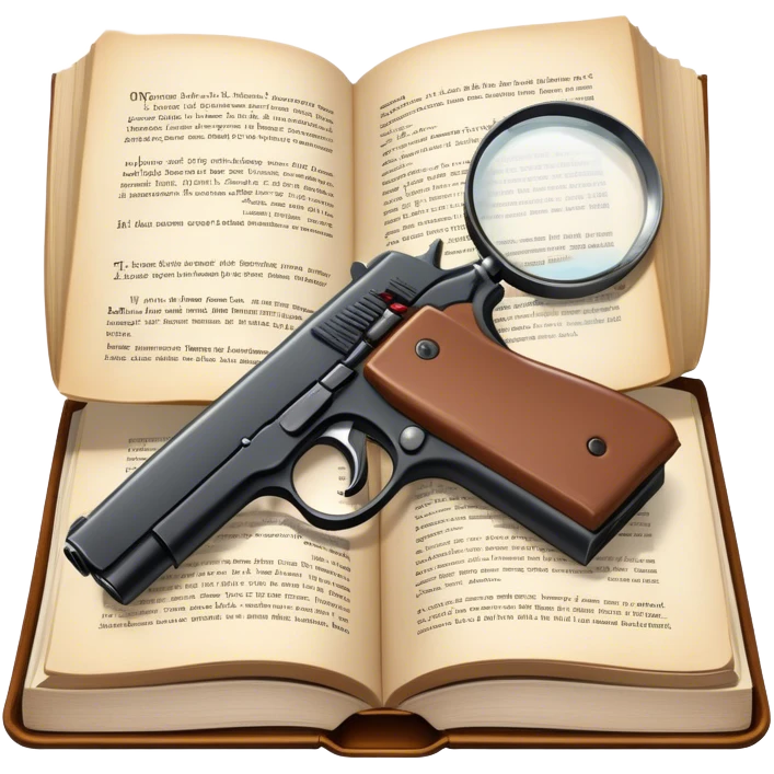 Icon for Action & Crime Reading: an open book with action-packed scenes on the pages, including detectives, chase scenes, and suspenseful moments. Add a gun, handcuffs, and a magnifying glass, while keeping the book as the main focus. Transparent background. emoji