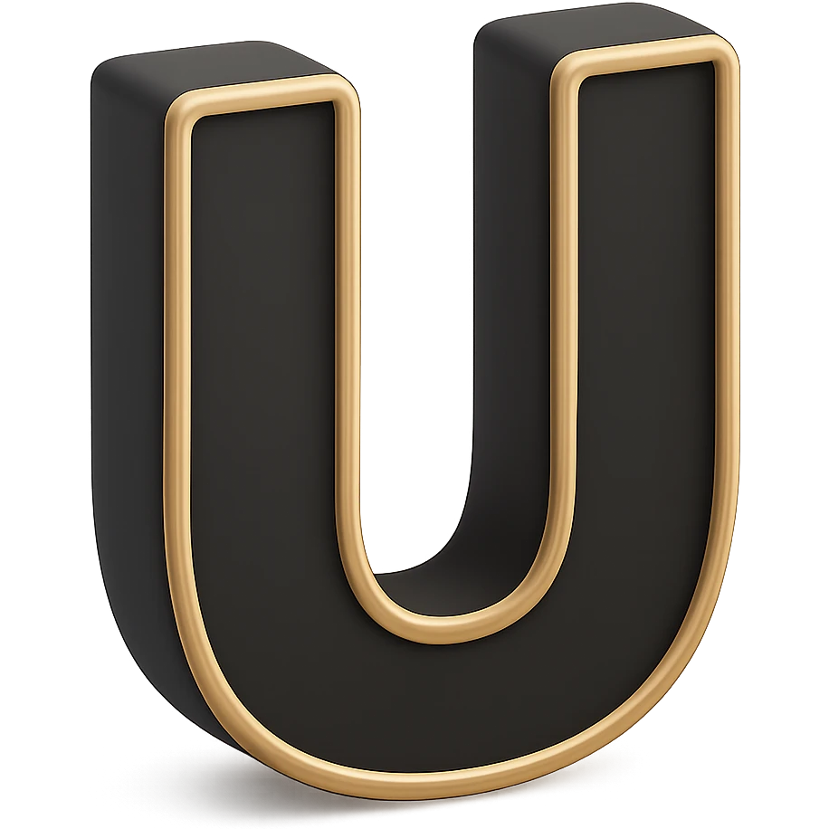 Create the letter U in the 3D Black style, matching the bold, clear, gold-edged look of the reference letter A. emoji