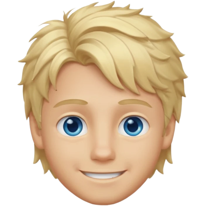 Emoji chlopak z blond włosami które będą rozsztrzepane i niebieskimi oczami uśmiechając się i większe wlosy emoji