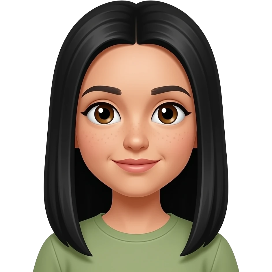 Una niña de piel trigueña clara con hoyuelos en las mejillas y ojos algo grandesitos color cafés cabello largo liso color negro emoji