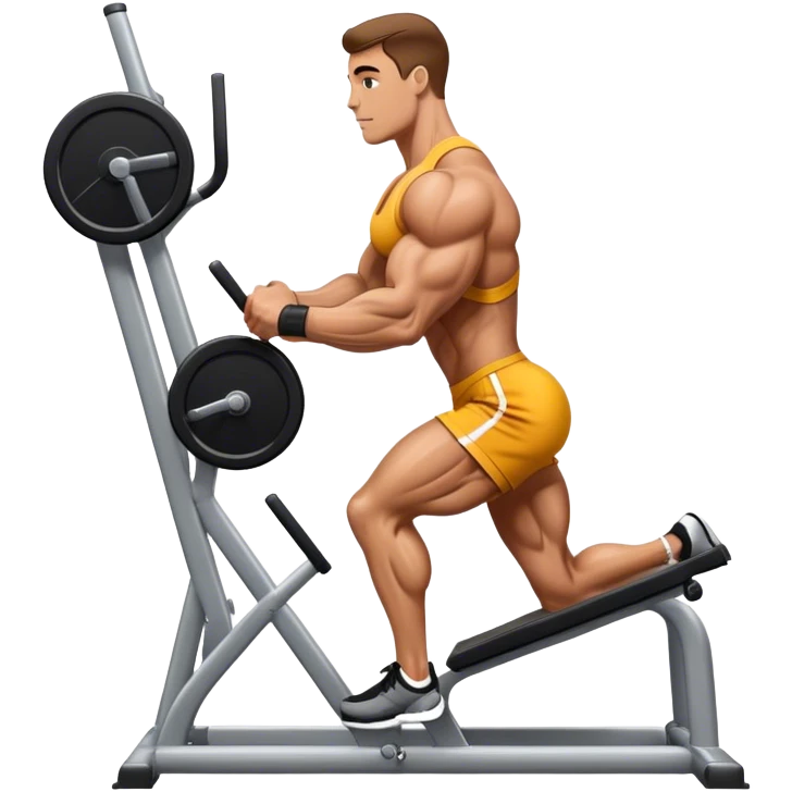 side-view bodybuilder using gym calf-raise machine emoji