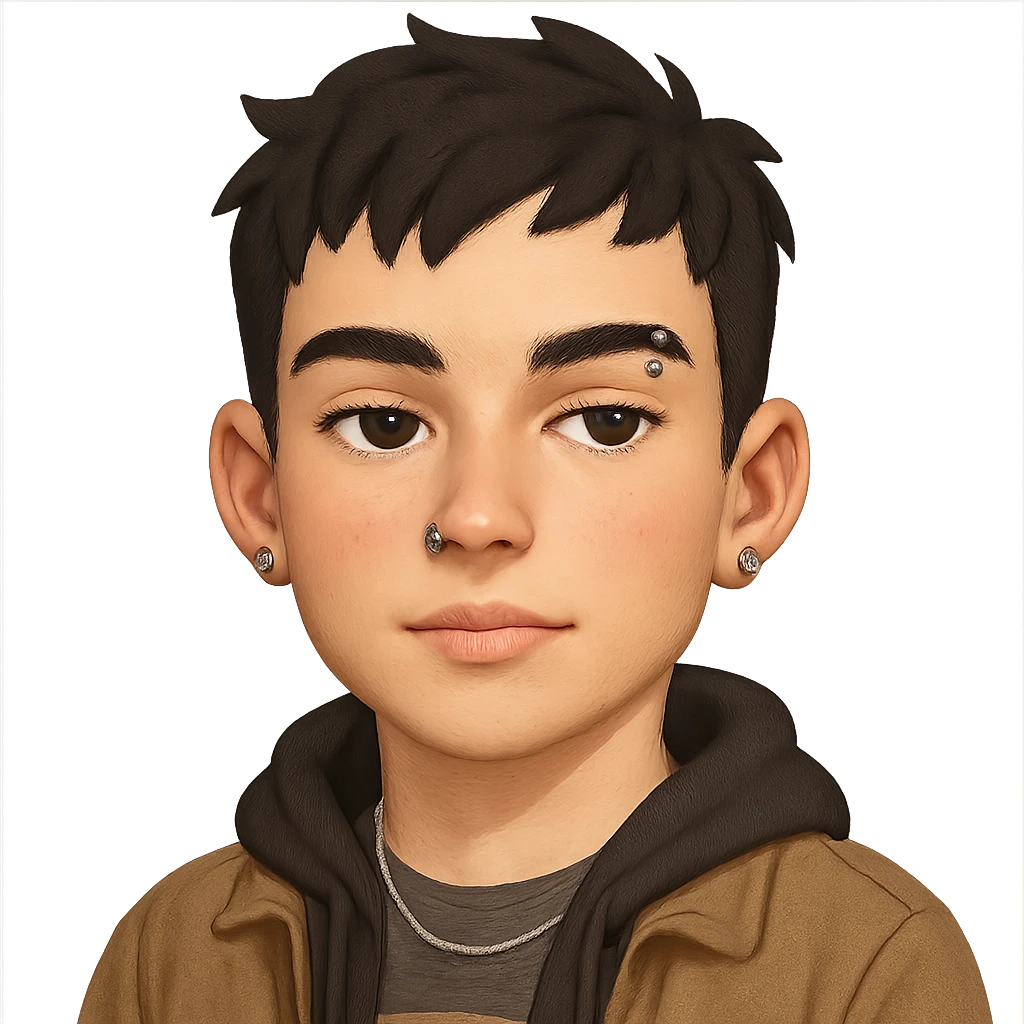 AI emoji character of a young man with short, slightly messy black hair, fair flushed skin, pink lips, nose piercing on one side, eyebrow piercing on the other, small silver earrings, thin chain necklace, neutral or slightly confident expression with relaxed eyes, wearing trendy casual clothing like a hoodie or jacket over a graphic t-shirt, soft cartoonish but realistic finish, focus on facial features, accessories, and hairstyle emoji
