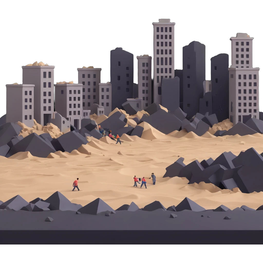 An earthquake shaking the ground, with cracked earth, falling buildings, and people in panic emoji