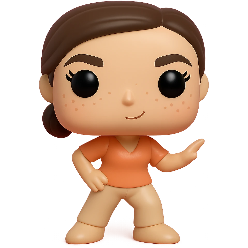 Create a Funko Pop style vinyl figure inspired by the reference image. The figure should have a peach-colored blouse, beige pants, dark brown bob haircut tied back, rosy cheeks, feminine eyelashes, light freckles, and a mischievous expression. The pose should be dynamic. No hat or accessories. Transparent background. emoji